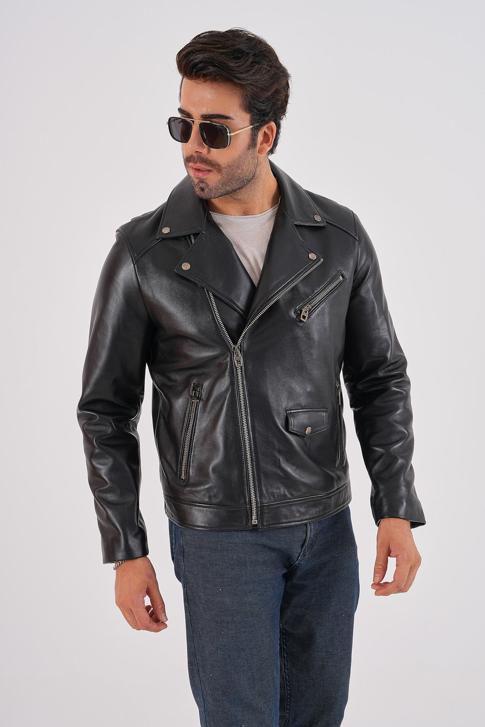 The Volt Black Leather Biker Jacket - Vinci Leather