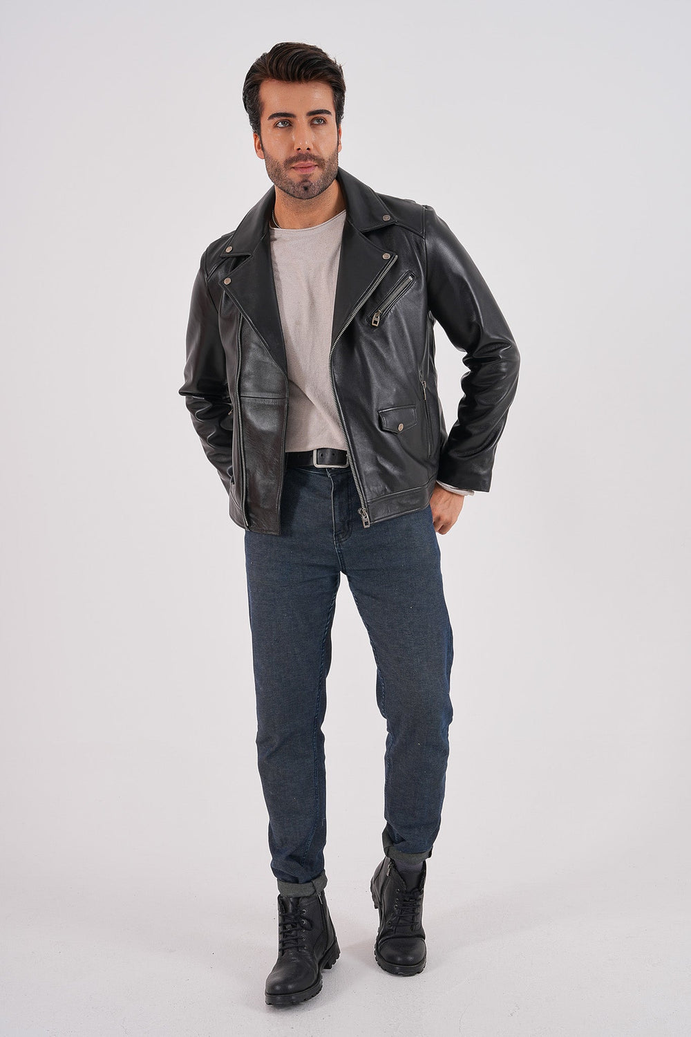 The Volt Black Leather Biker Jacket - Vinci Leather