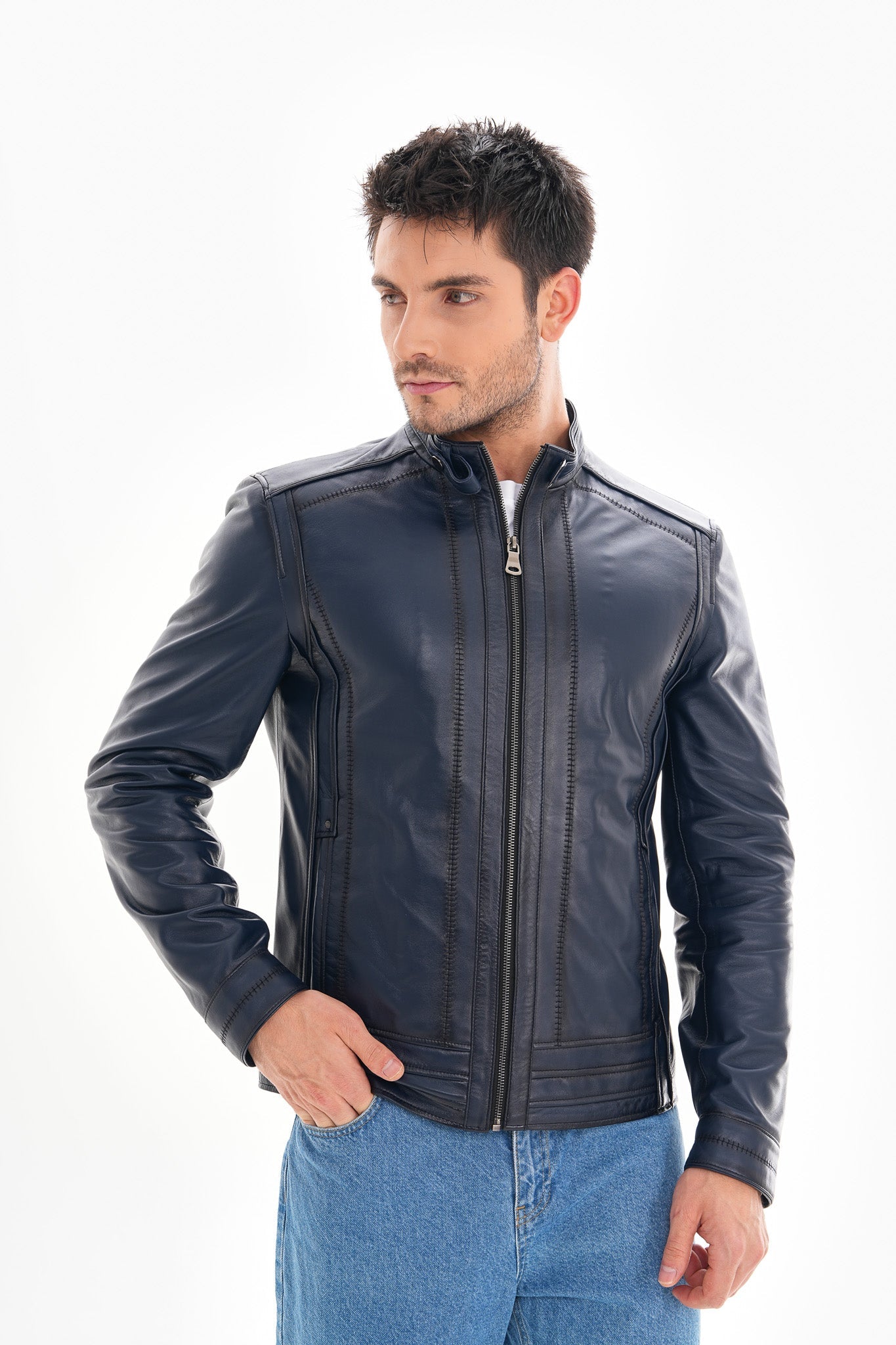 The Arezzo Navy Blue Leather Jacket - Vinci Leather