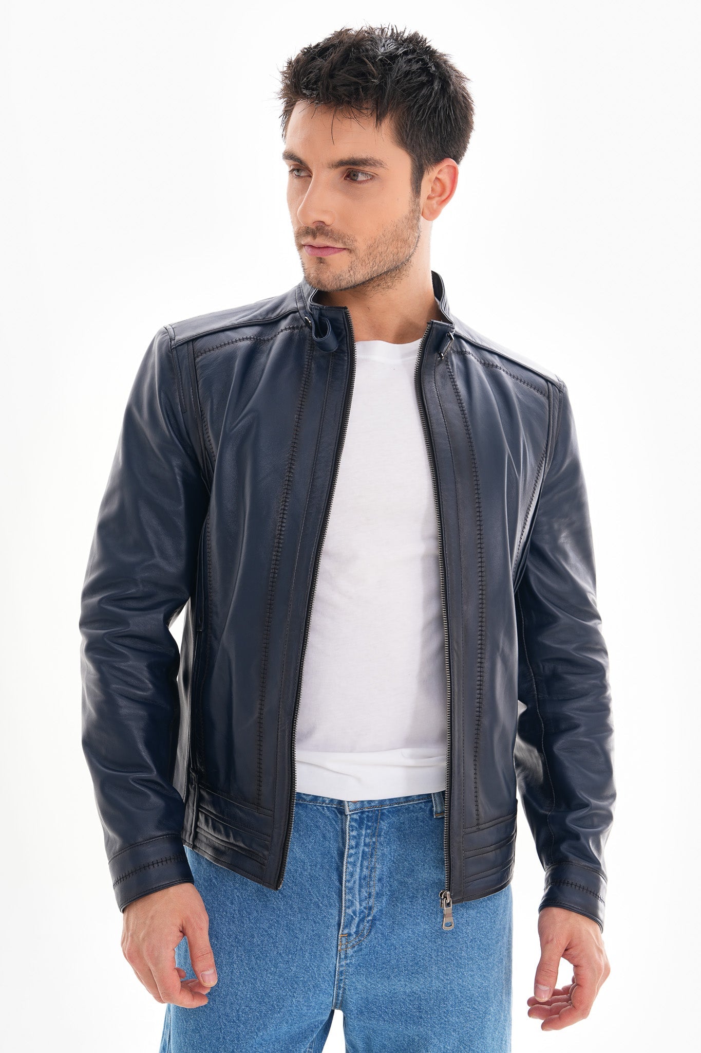 The Arezzo Navy Blue Leather Jacket - Vinci Leather