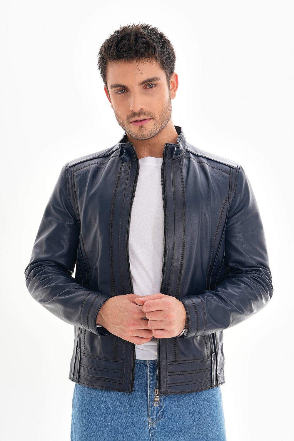 The Arezzo Navy Blue Leather Jacket - Vinci Leather