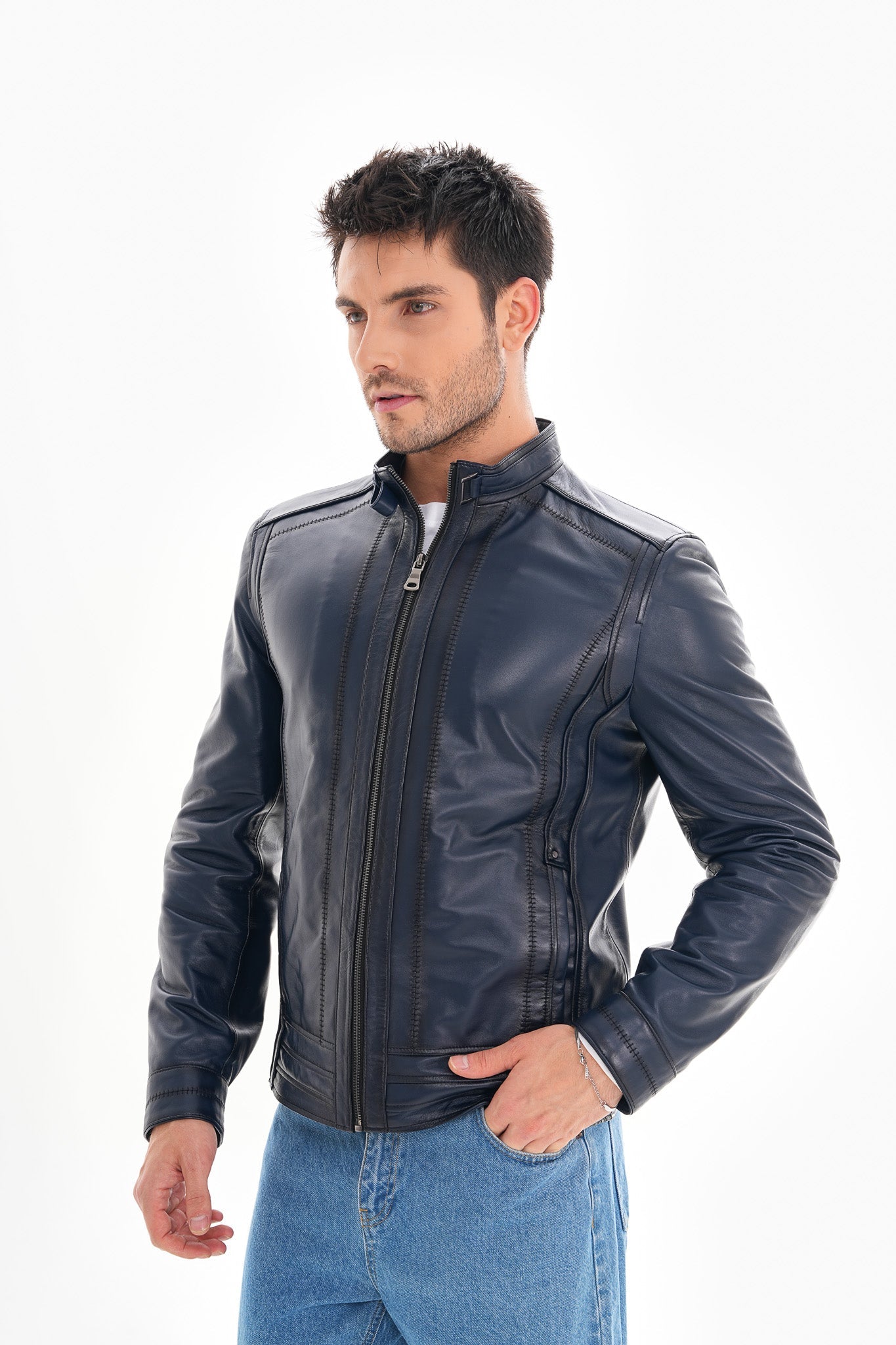 The Arezzo Navy Blue Leather Jacket - Vinci Leather