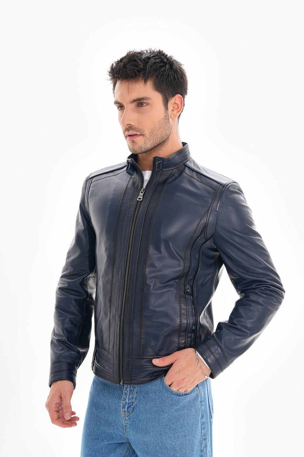 The Arezzo Navy Blue Leather Jacket - Vinci Leather