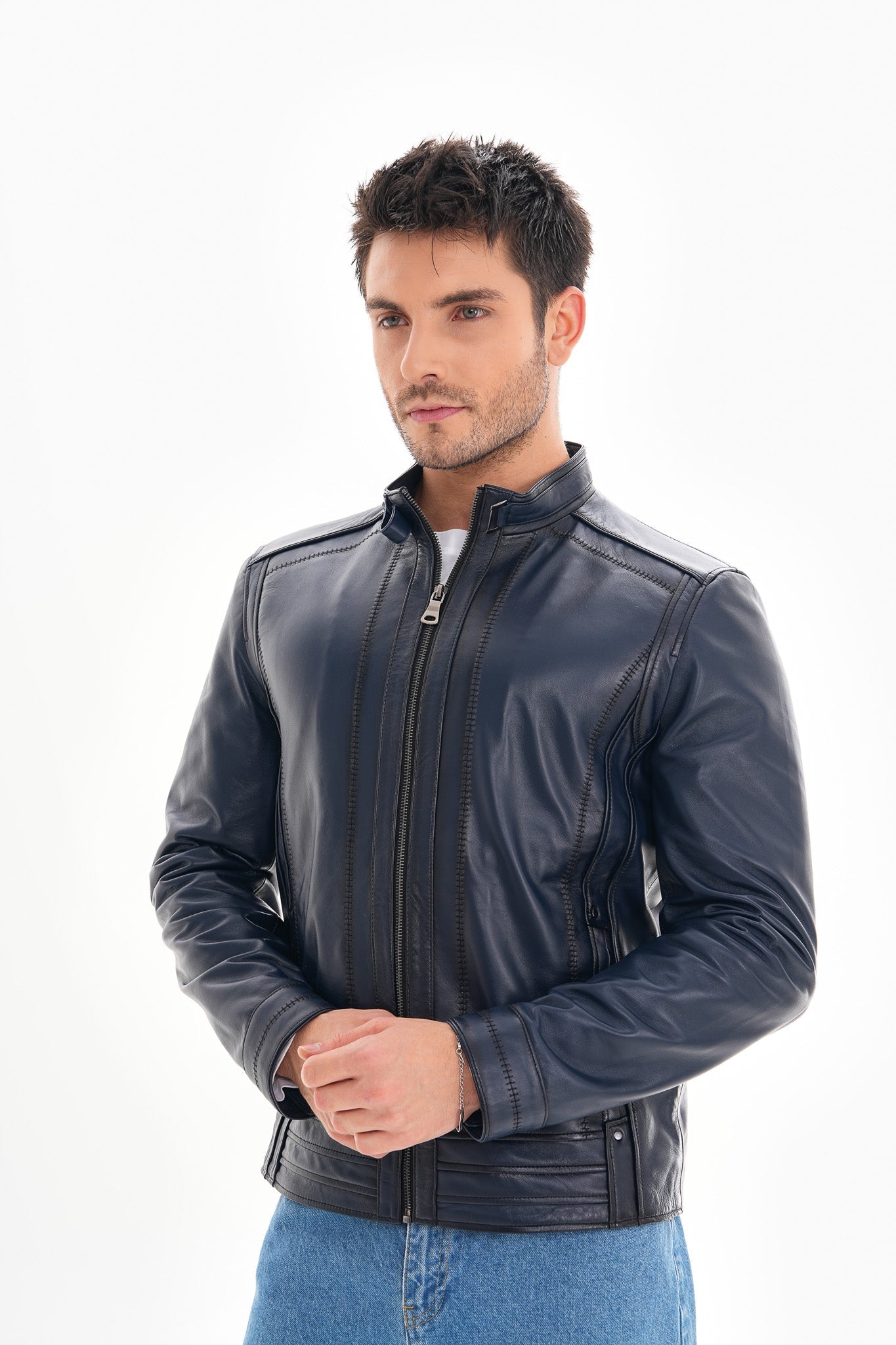 The Arezzo Navy Blue Leather Jacket - Vinci Leather