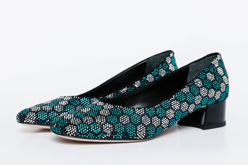 The Doha Turqoise Glitter Leather Block Pump Shoe - Vinci Leather