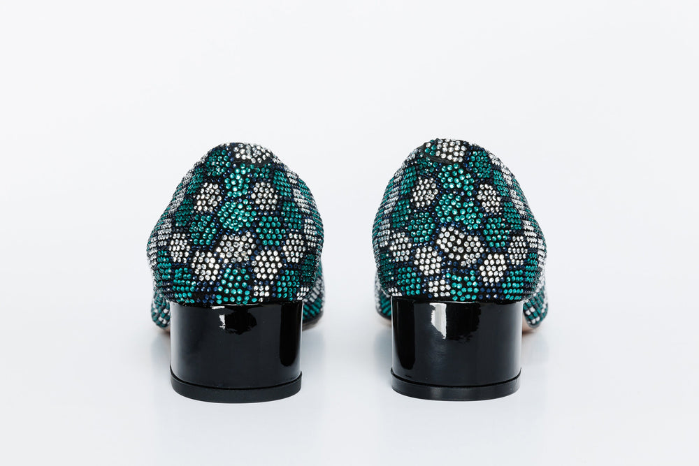 The Doha Turqoise Glitter Leather Block Pump Shoe - Vinci Leather