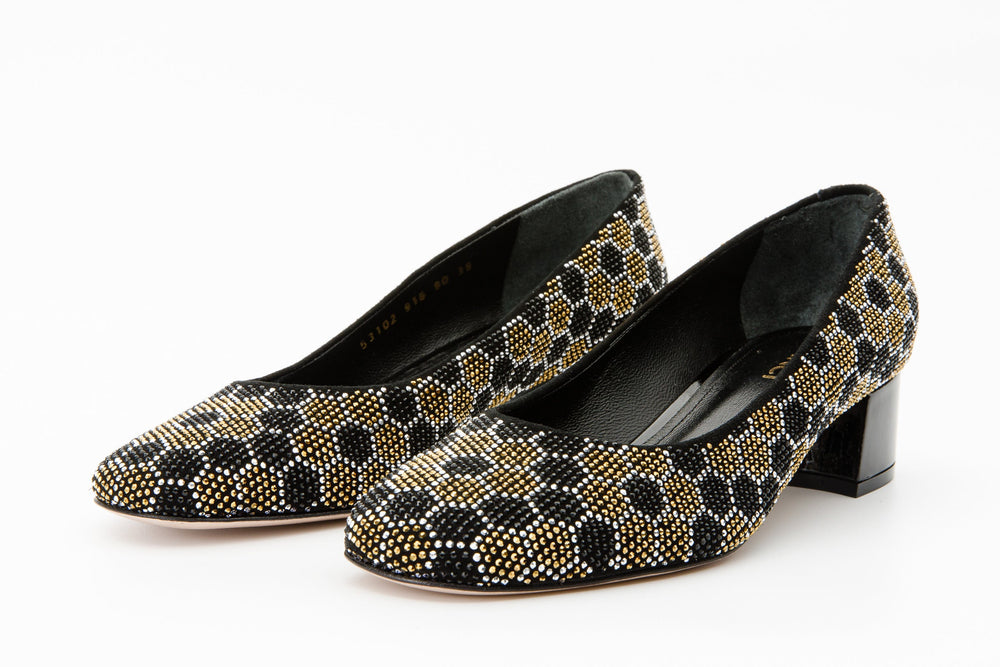 The Doha Gold Black Glitter Leather Block Pump Shoe - Vinci Leather