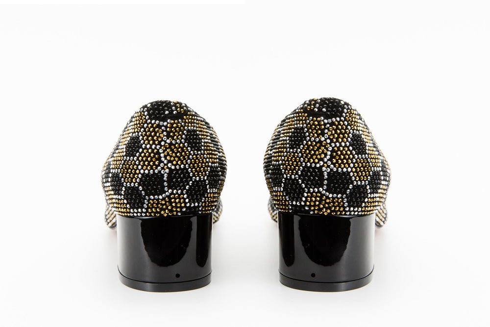 The Doha Gold Black Glitter Leather Block Pump Shoe - Vinci Leather