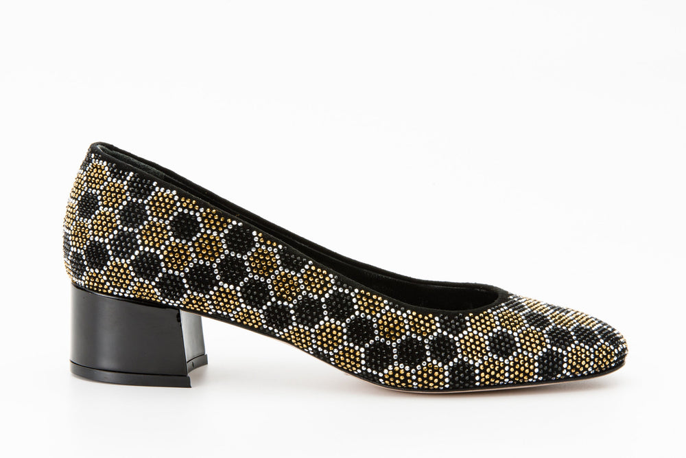 The Doha Gold Black Glitter Leather Block Pump Shoe - Vinci Leather