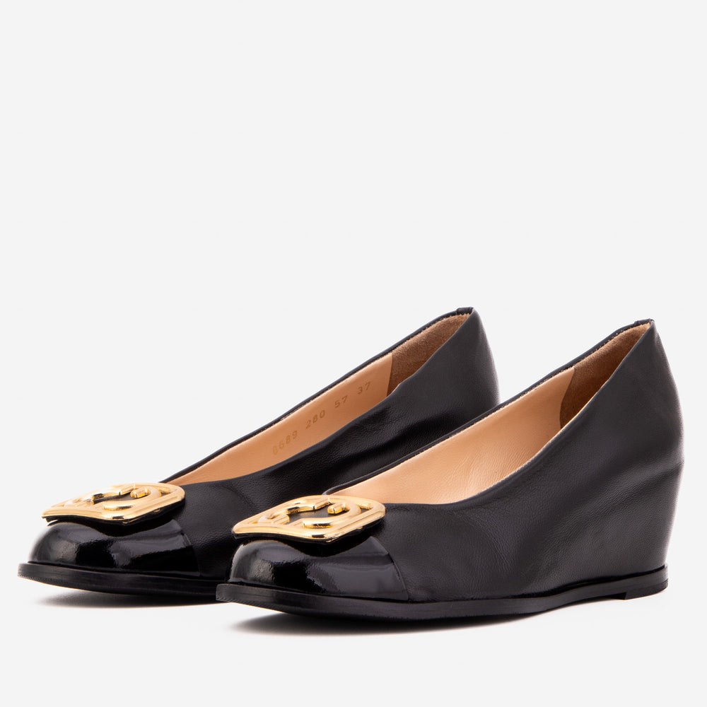 The Selene Black Leather Wedge Heel Shoe - Vinci Leather