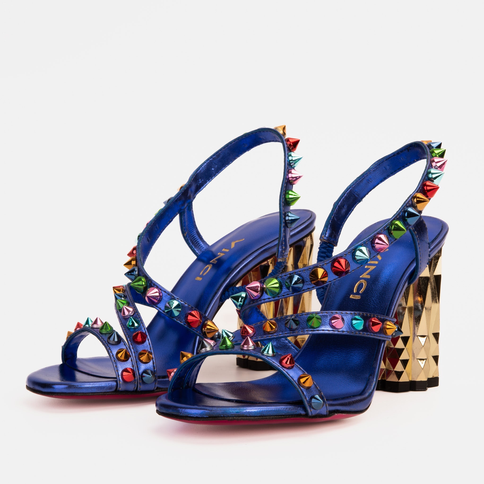 The Caris Sax Blue Block Heel Spike Leather Sandal Final Sale! - Vinci Leather