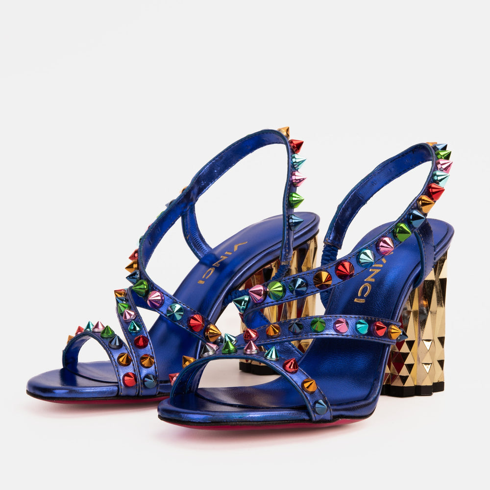 The Caris Sax Blue Block Heel Spike Leather Sandal Final Sale! - Vinci Leather