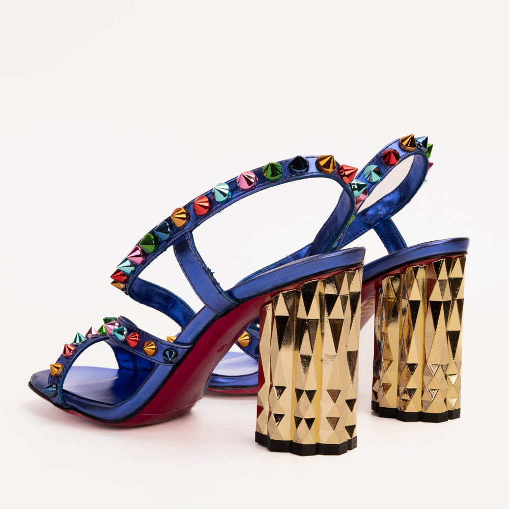 The Caris Sax Blue Block Heel Spike Leather Sandal Final Sale! - Vinci Leather