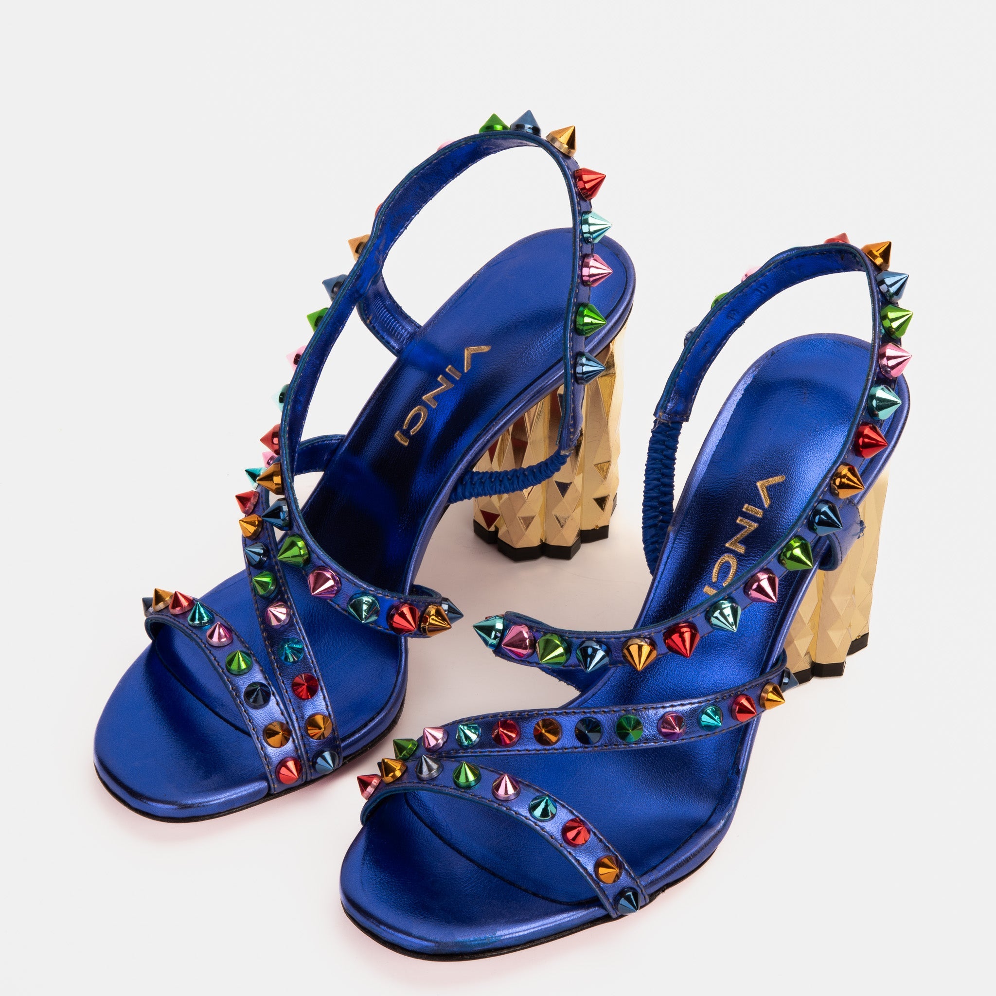 The Caris Sax Blue Block Heel Spike Leather Sandal Final Sale! - Vinci Leather