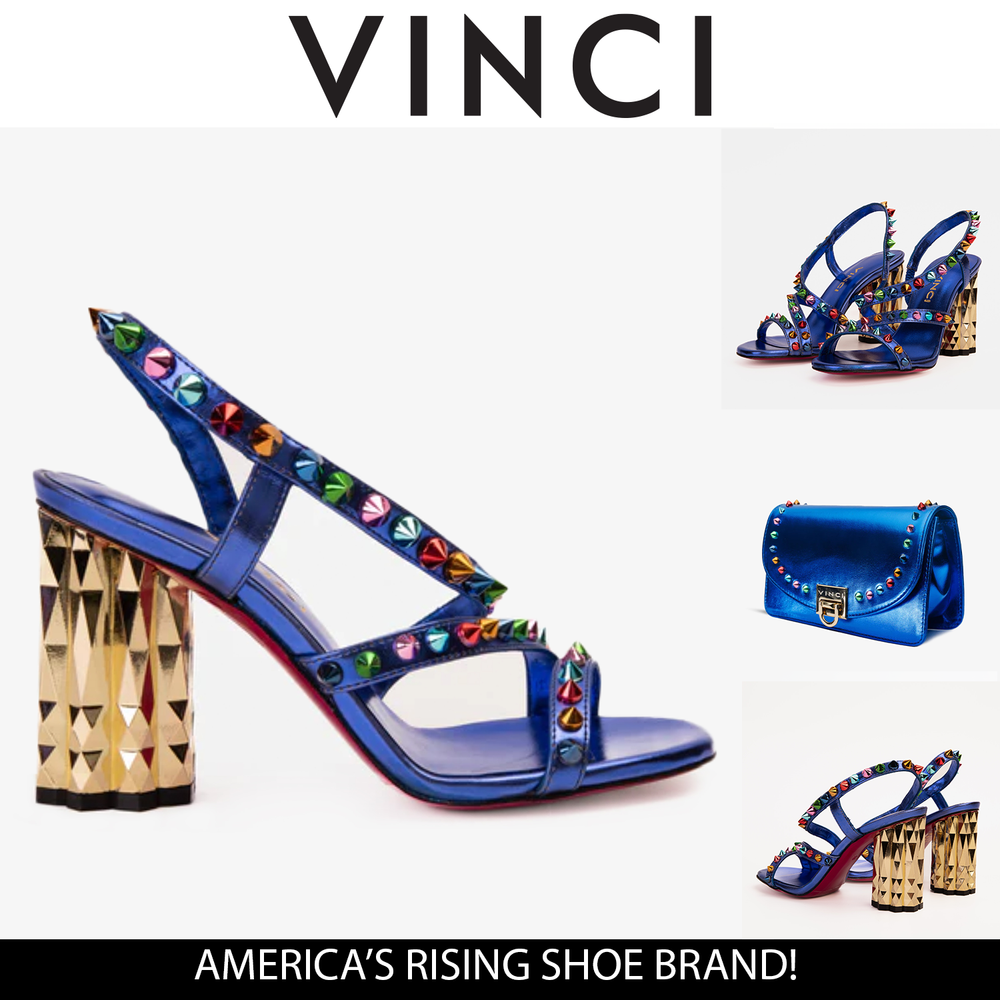 The Caris Sax Blue Block Heel Spike Leather Sandal Final Sale! - Vinci Leather
