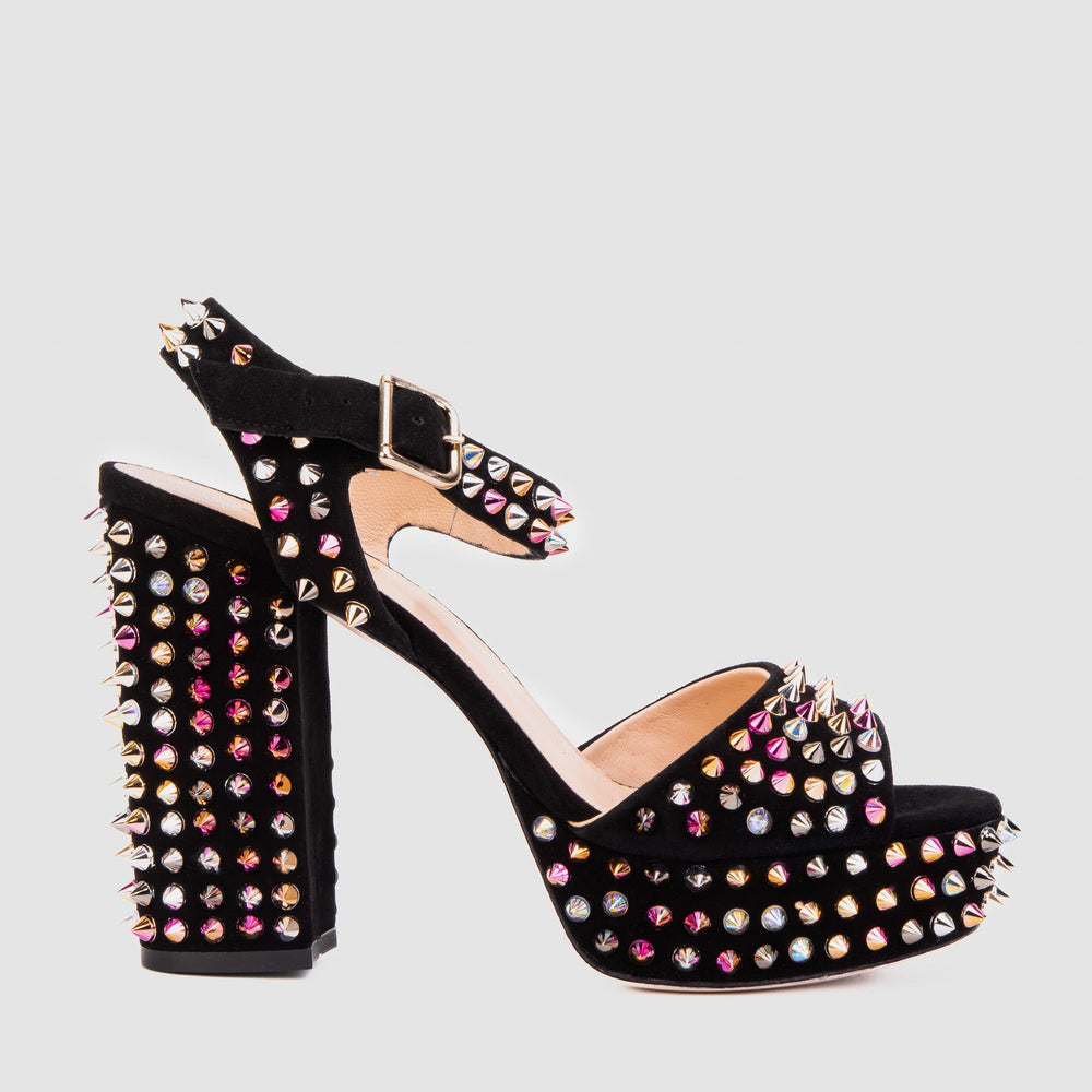 The Tampico Black Suede Leather Spike Platform Heel Sandal - Vinci Leather