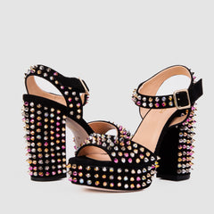 The Tampico Black Suede Leather Spike Platform Heel Sandal - Vinci Leather