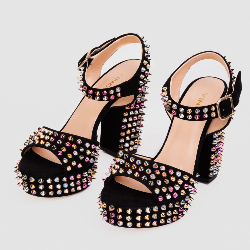 The Tampico Black Suede Leather Spike Platform Heel Sandal - Vinci Leather