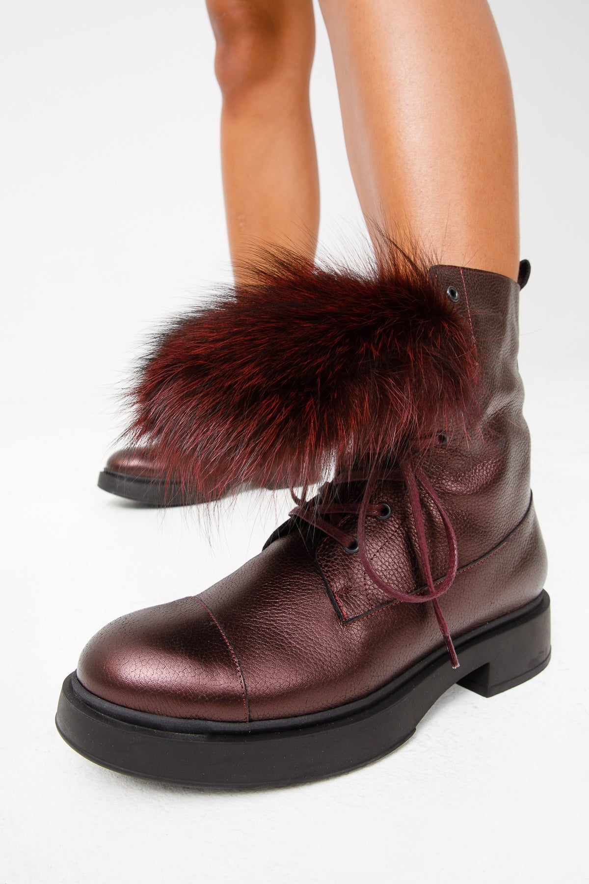 The Kajapati Burgundy Leather Natural Fur Mid Calf Boot - Vinci Leather