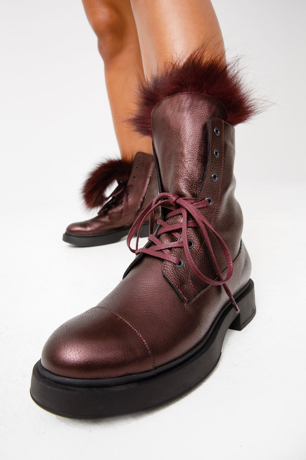 The Kajapati Burgundy Leather Natural Fur Mid Calf Boot - Vinci Leather