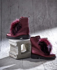 The Kajapati Burgundy Leather Natural Fur Mid Calf Boot - Vinci Leather