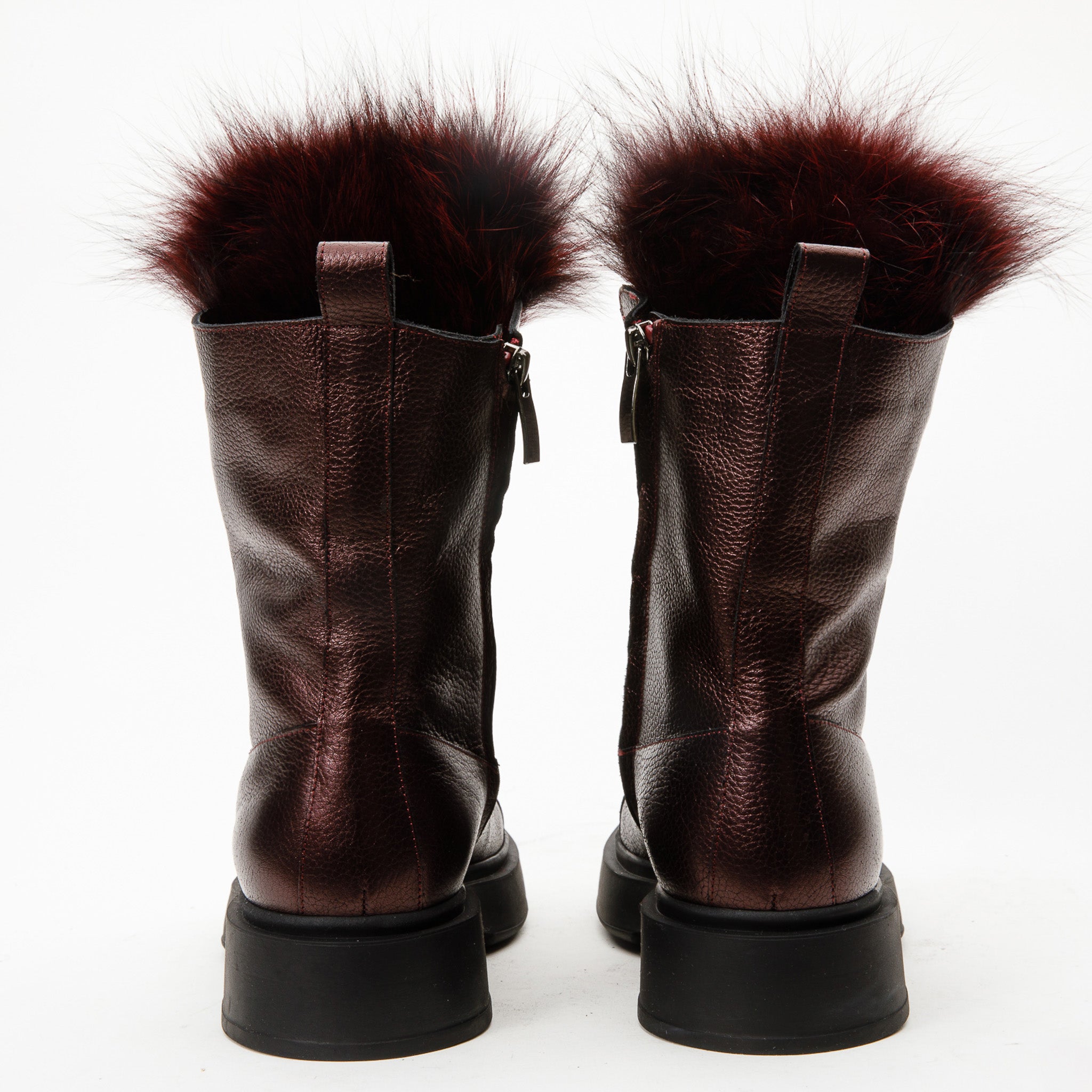 The Kajapati Burgundy Leather Natural Fur Mid Calf Boot - Vinci Leather