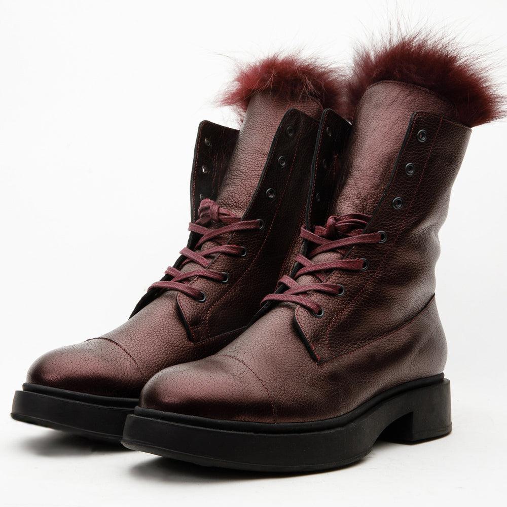 The Kajapati Burgundy Leather Natural Fur Mid Calf Boot - Vinci Leather