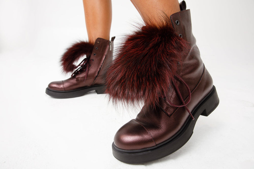 The Kajapati Burgundy Leather Natural Fur Mid Calf Boot - Vinci Leather