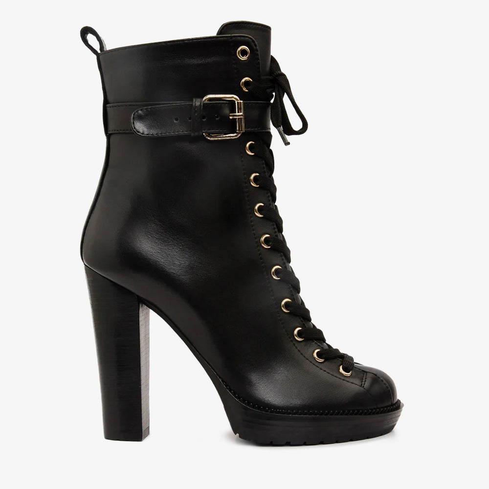 The Estrada Black Leather Lace-Up Platform Heel Mid Calf Boot - Vinci Leather
