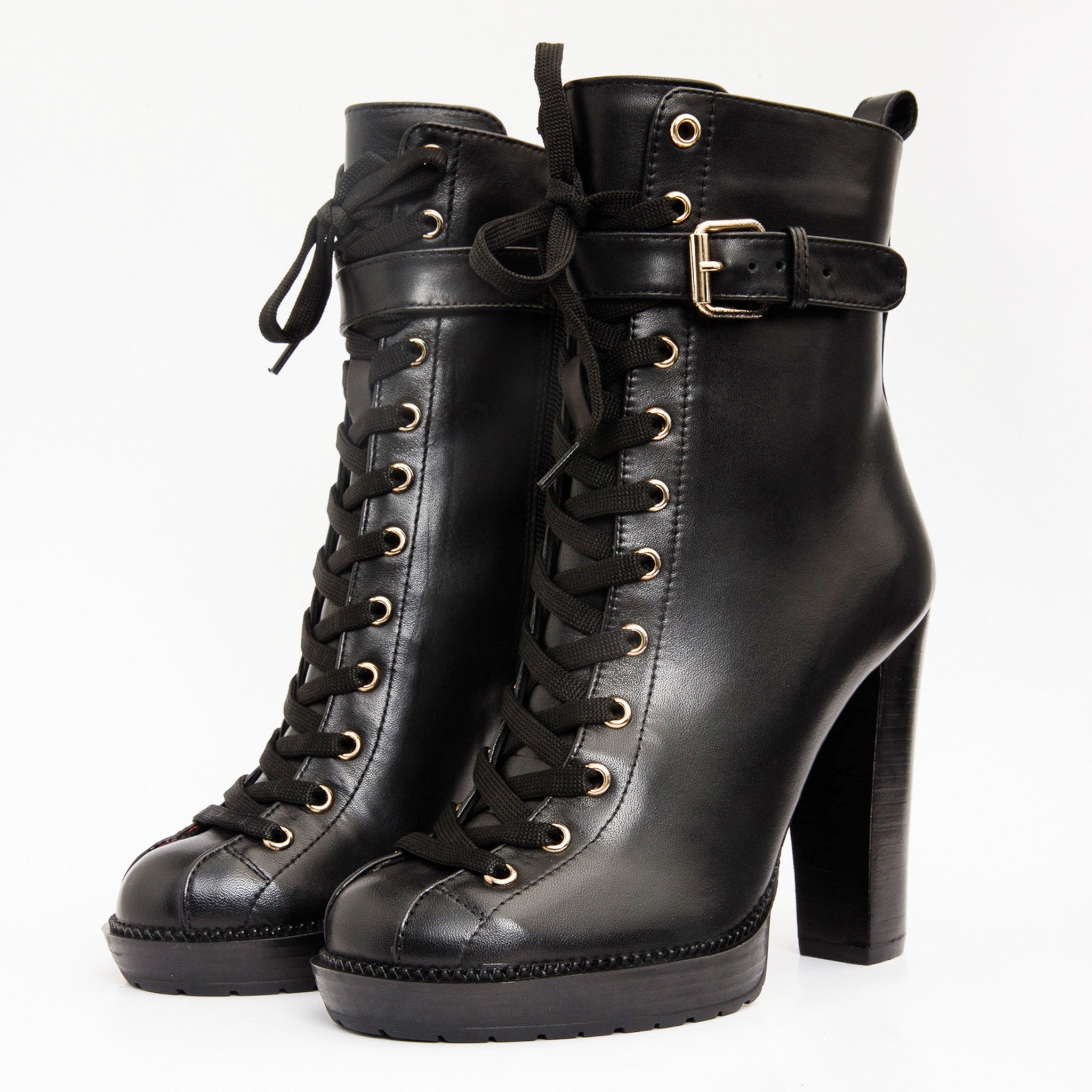 The Estrada Black Leather Lace-Up Platform Heel Mid Calf Boot - Vinci Leather