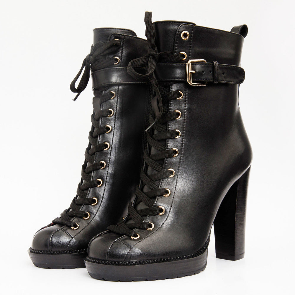 The Estrada Black Leather Lace-Up Platform Heel Mid Calf Boot - Vinci Leather