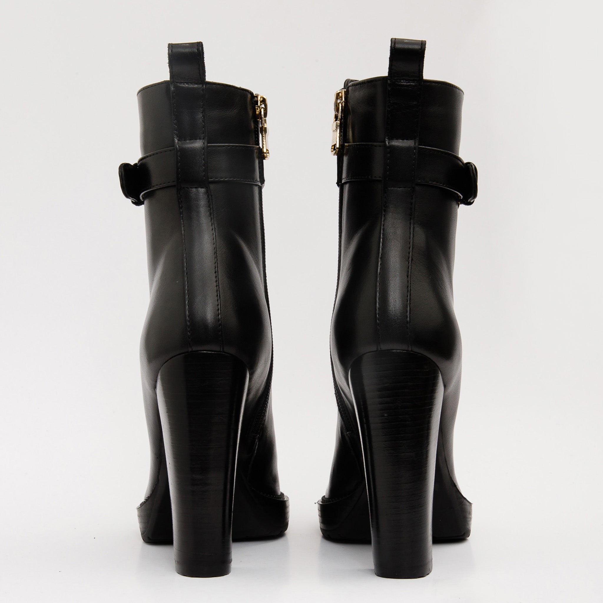 The Estrada Black Leather Lace-Up Platform Heel Mid Calf Boot - Vinci Leather
