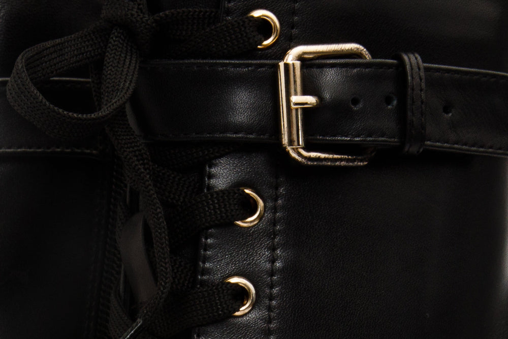 The Estrada Black Leather Lace-Up Platform Heel Mid Calf Boot - Vinci Leather