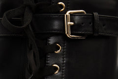 The Estrada Black Leather Lace-Up Platform Heel Mid Calf Boot - Vinci Leather