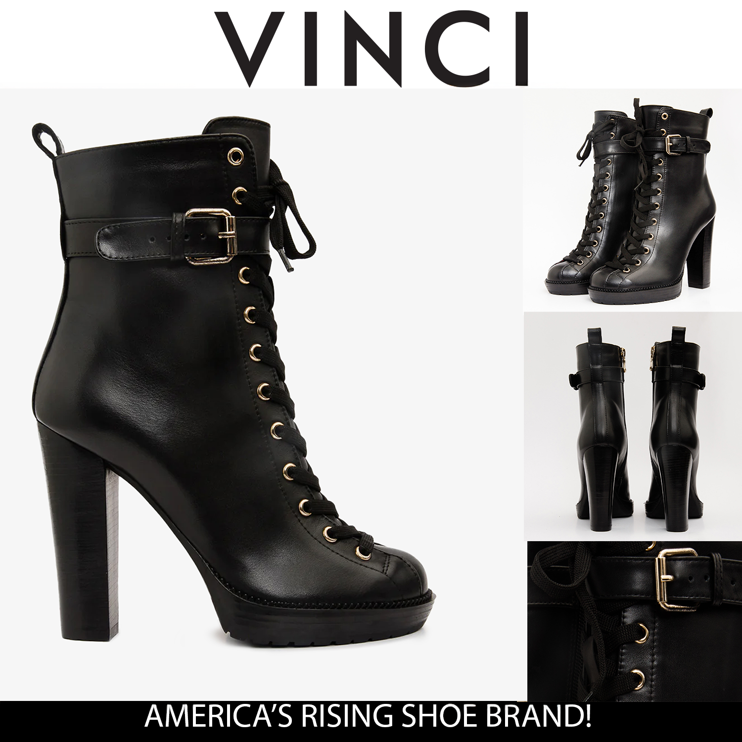 The Estrada Black Leather Lace-Up Platform Heel Mid Calf Boot - Vinci Leather