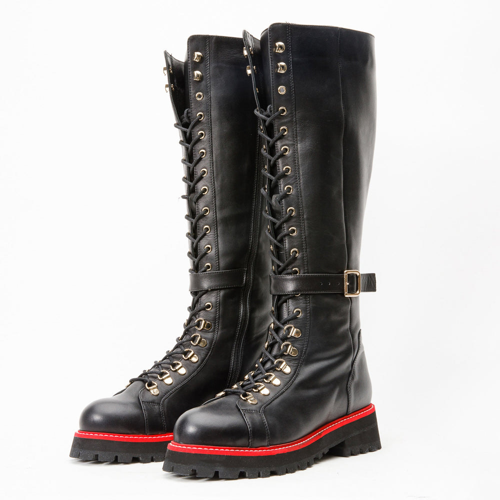 The Istinye Black Leather Knee High Lace-Up Boot Limited Edition - Vinci Leather