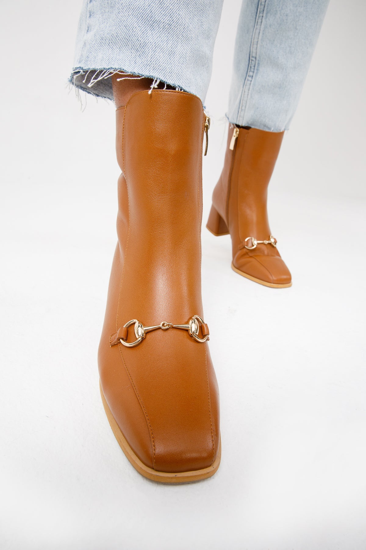 The Bukres Tan Leather Block Heel Mid Calf Boot - Vinci Leather