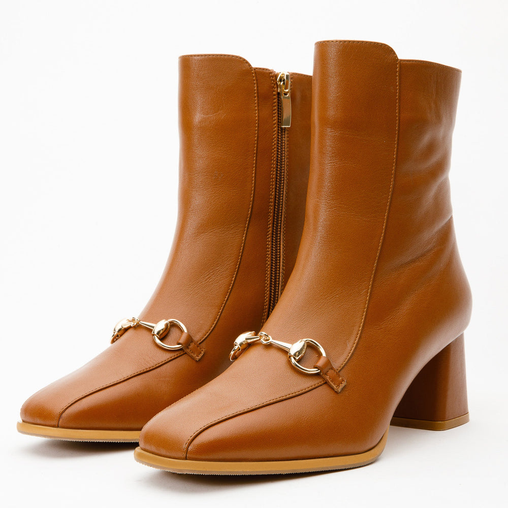 The Bukres Tan Leather Block Heel Mid Calf Boot - Vinci Leather
