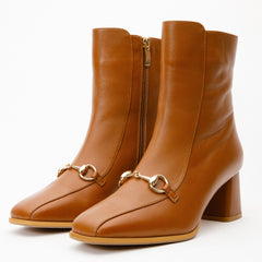The Bukres Tan Leather Block Heel Mid Calf Boot - Vinci Leather