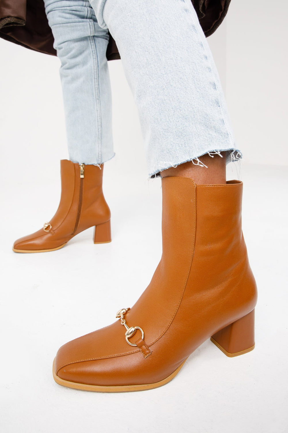 The Bukres Tan Leather Block Heel Mid Calf Boot - Vinci Leather