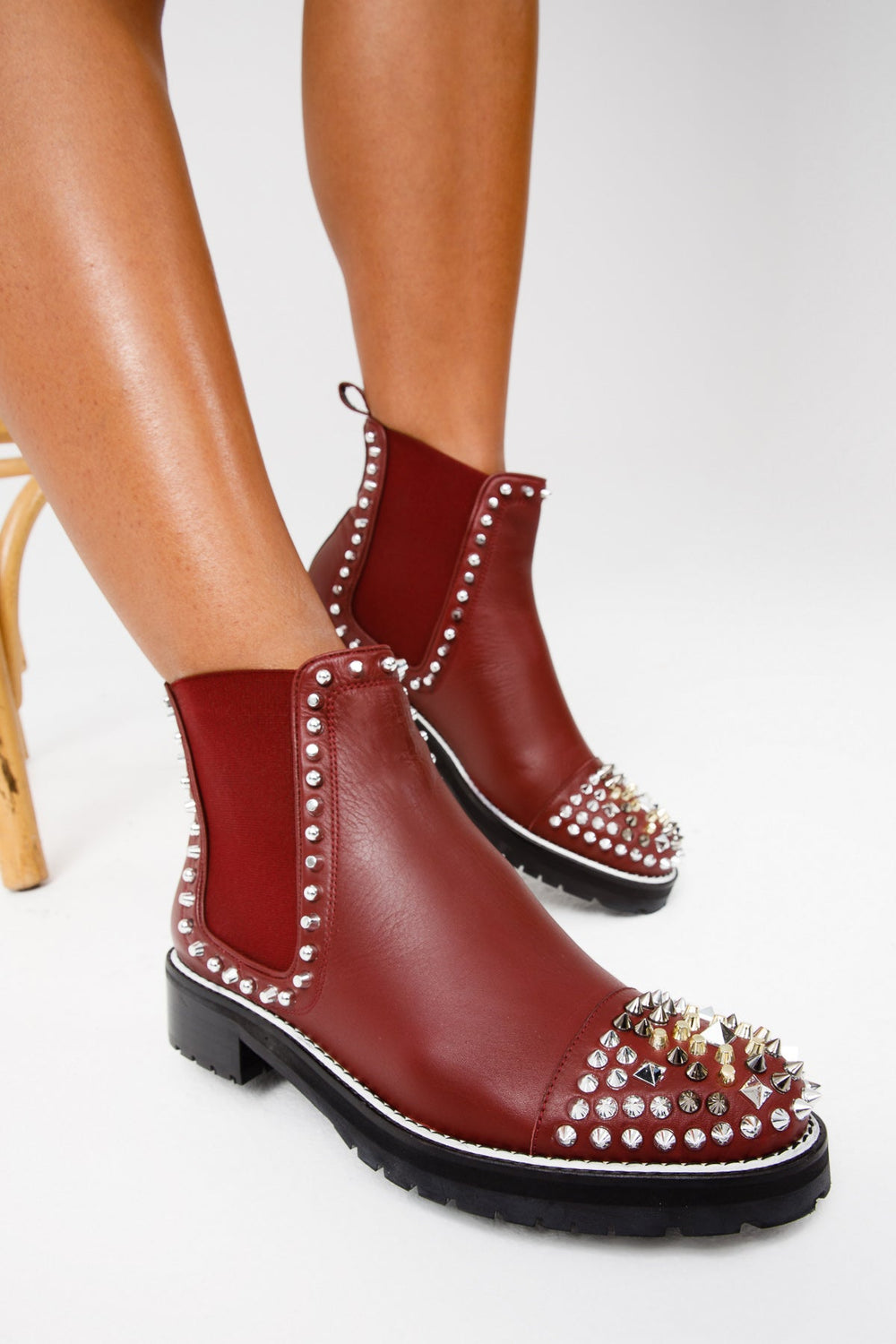 The Vuvulane Burgundy Spike Leather Ankle  Boot - Vinci Leather