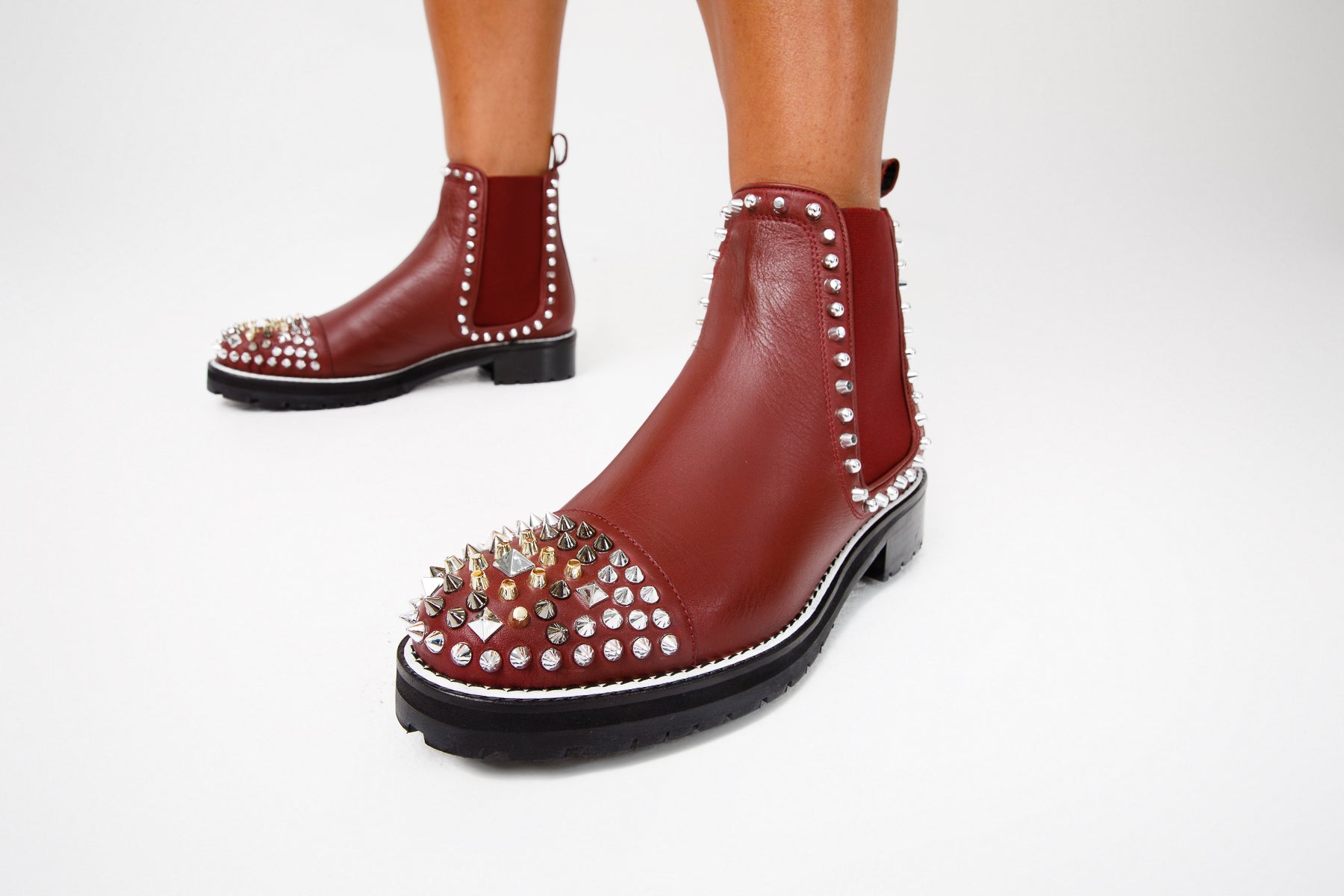 The Vuvulane Burgundy Spike Leather Ankle  Boot - Vinci Leather