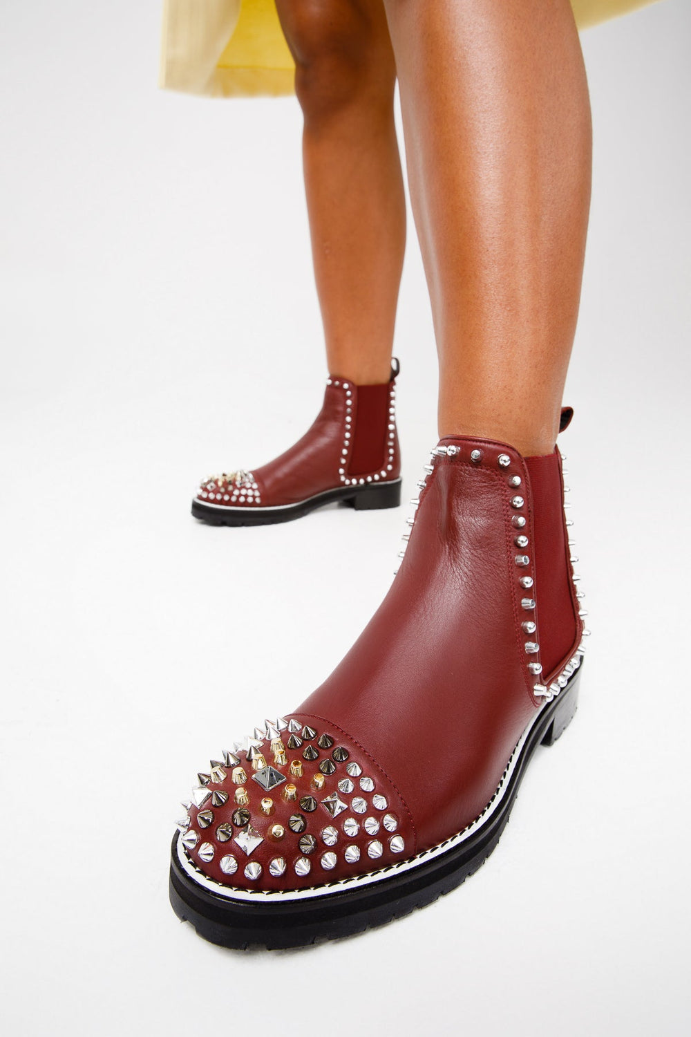 The Vuvulane Burgundy Spike Leather Ankle  Boot - Vinci Leather