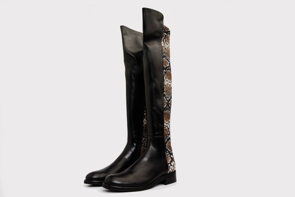 The Moengo Black Leather Leopard Knee High Boot - Vinci Leather