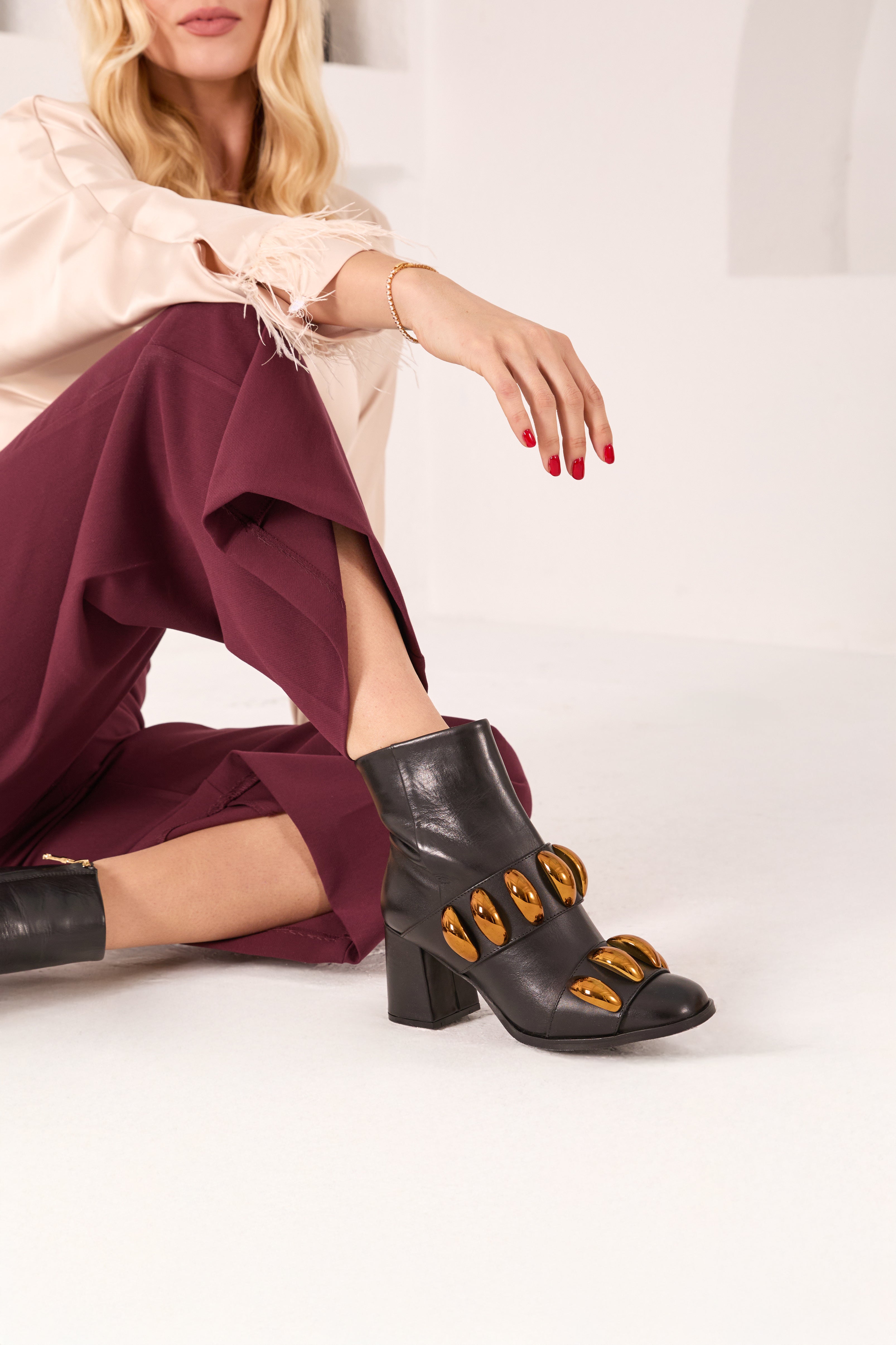The Eclipse Black Gold Leather Block Heel Boot - Vinci Leather