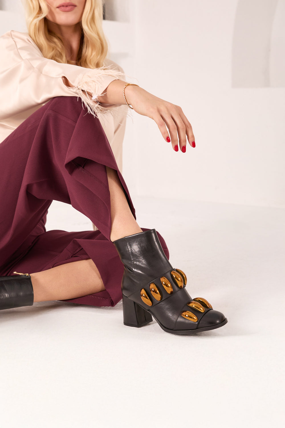 The Eclipse Black Gold Leather Block Heel Boot - Vinci Leather