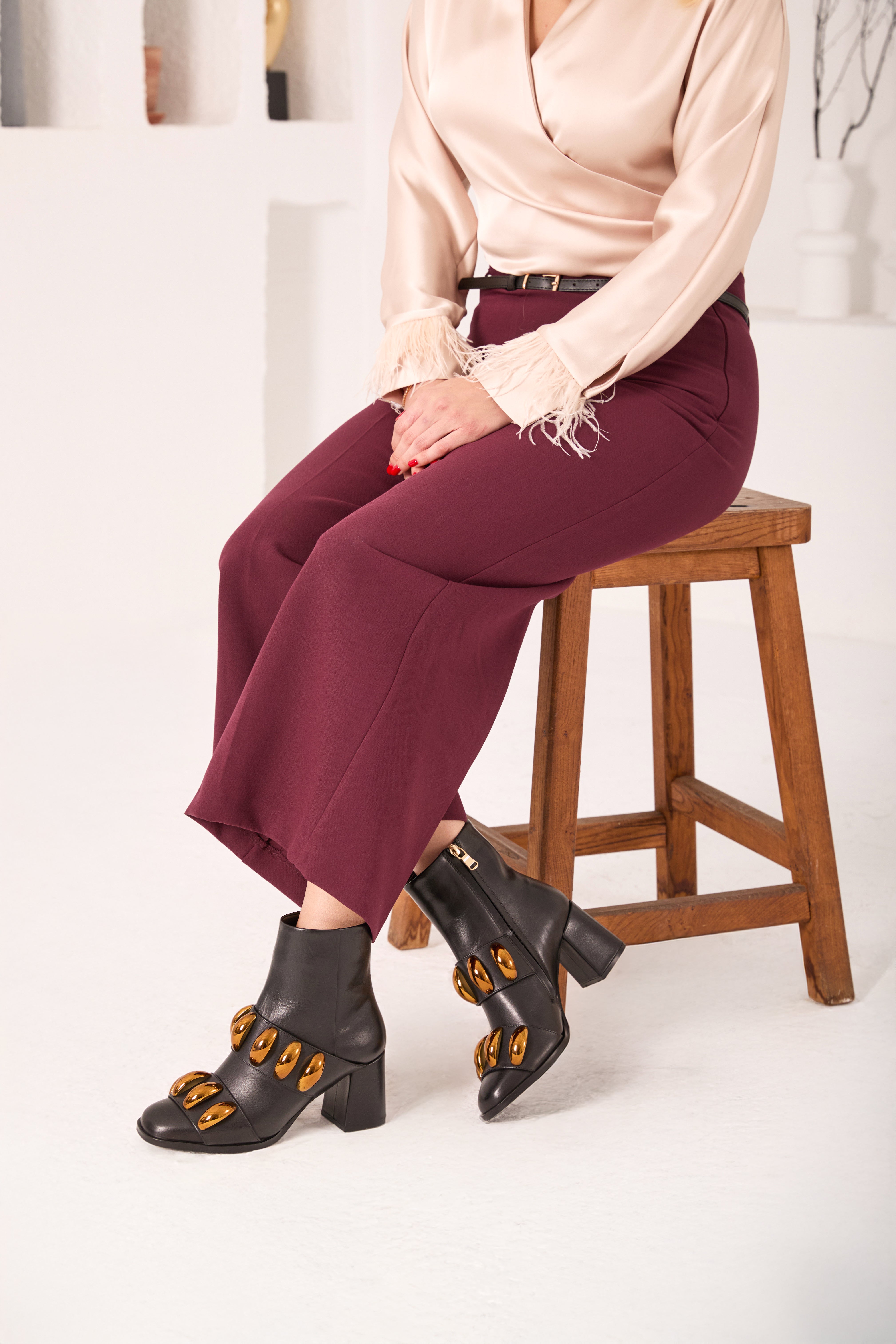 The Eclipse Black Gold Leather Block Heel Boot - Vinci Leather