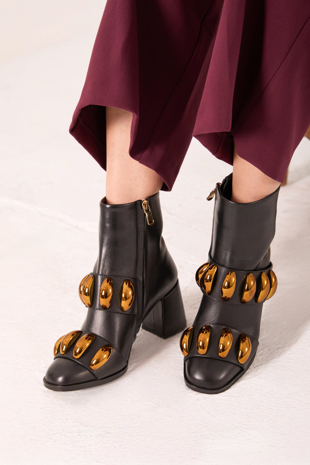 The Eclipse Black Gold Leather Block Heel Boot - Vinci Leather