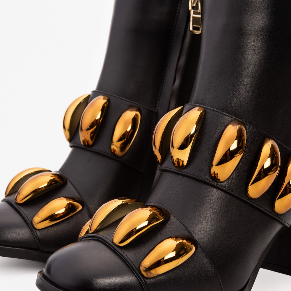 The Eclipse Black Gold Leather Block Heel Boot - Vinci Leather