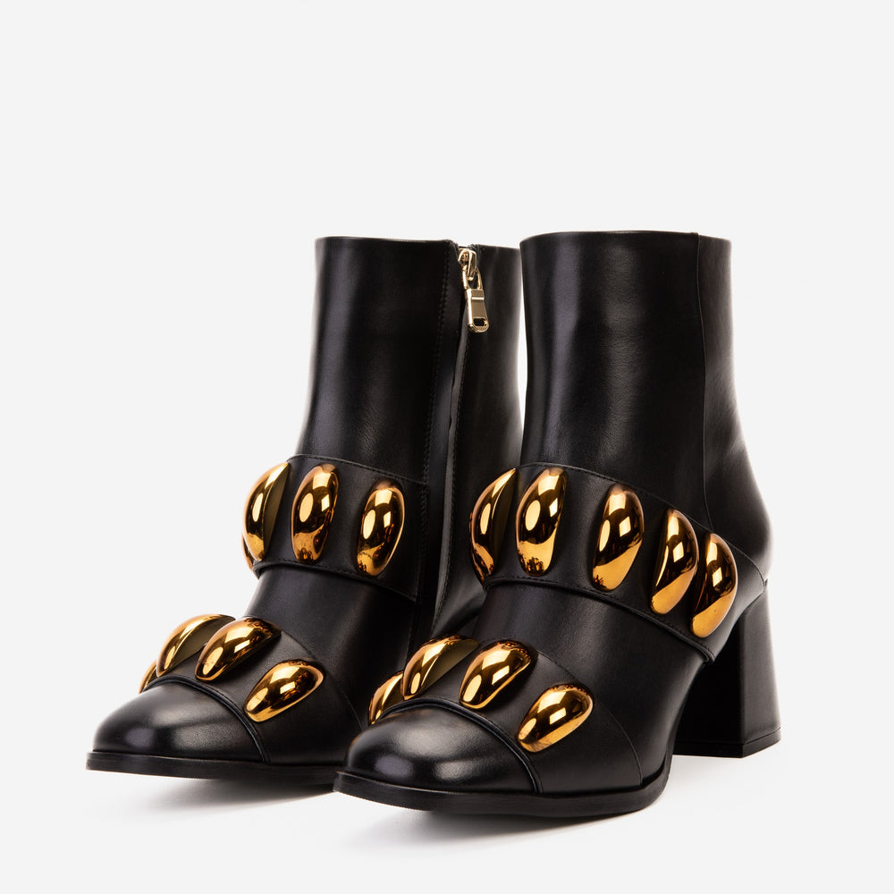 The Eclipse Black Gold Leather Block Heel Boot - Vinci Leather